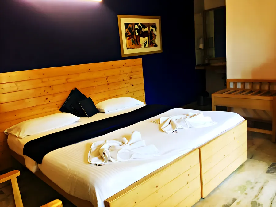 The indigo room: the bed and the painted wall